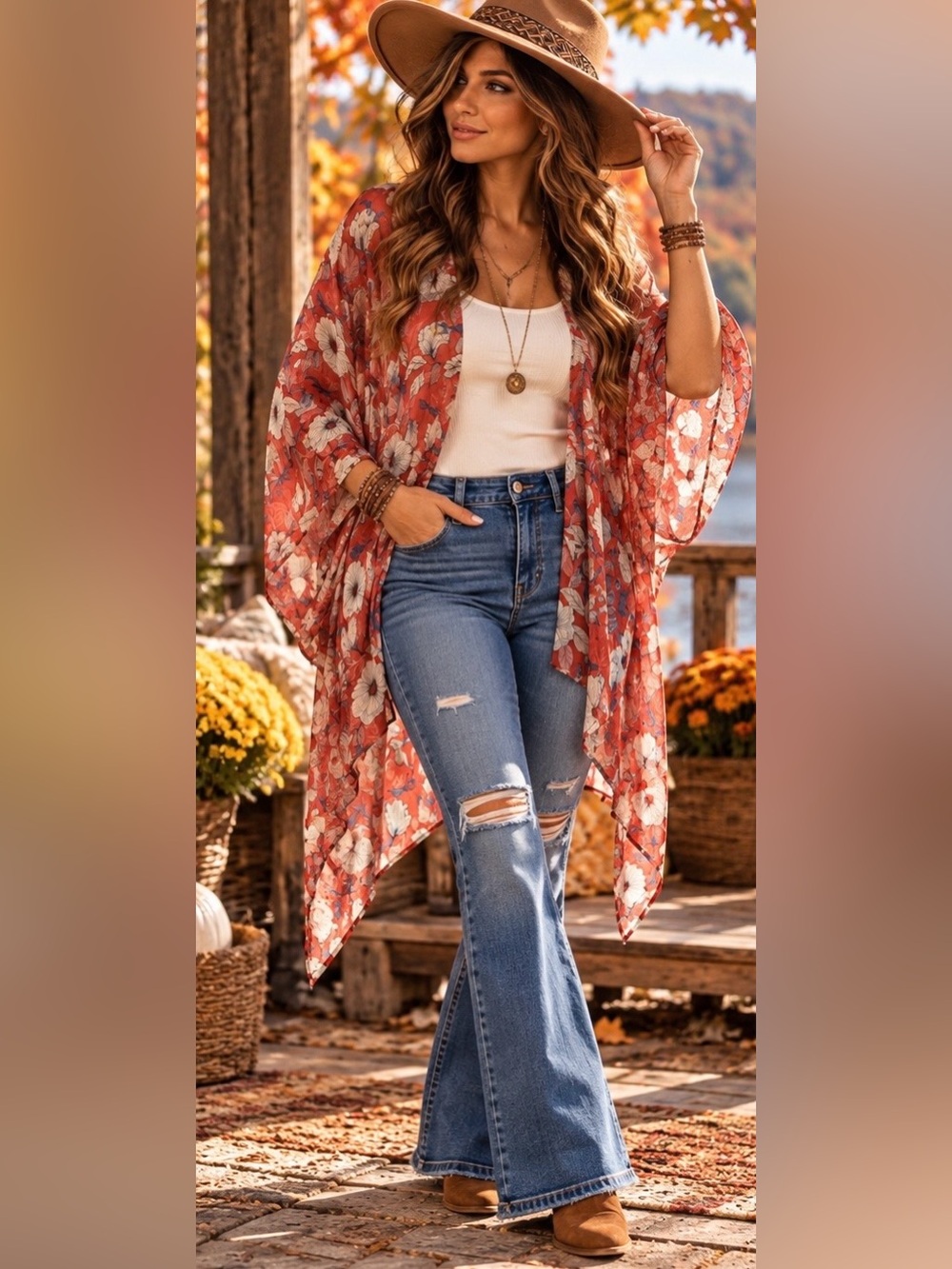 Cato Red Floral Kimono Cover Up One Size Crochet Back Boho Asymmetrical - Picture 2 of 9